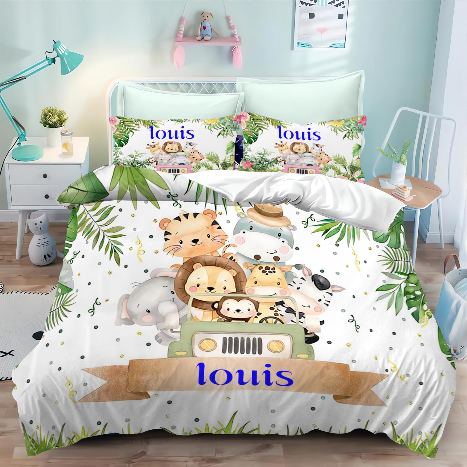 CHEFFS Baby Bettenset mit personalisiertem Wildtierdruck 135x200 cm | Individueller Namensdruck frei wählbar