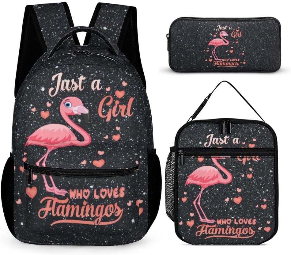 Flamingo Backpack with Lunch Box & Pencil Case for Kids Girls Boys School, 16 Inch Cute Flamingos Bookbag, School Backpack for Students Children, Lightweight, Large Capacity