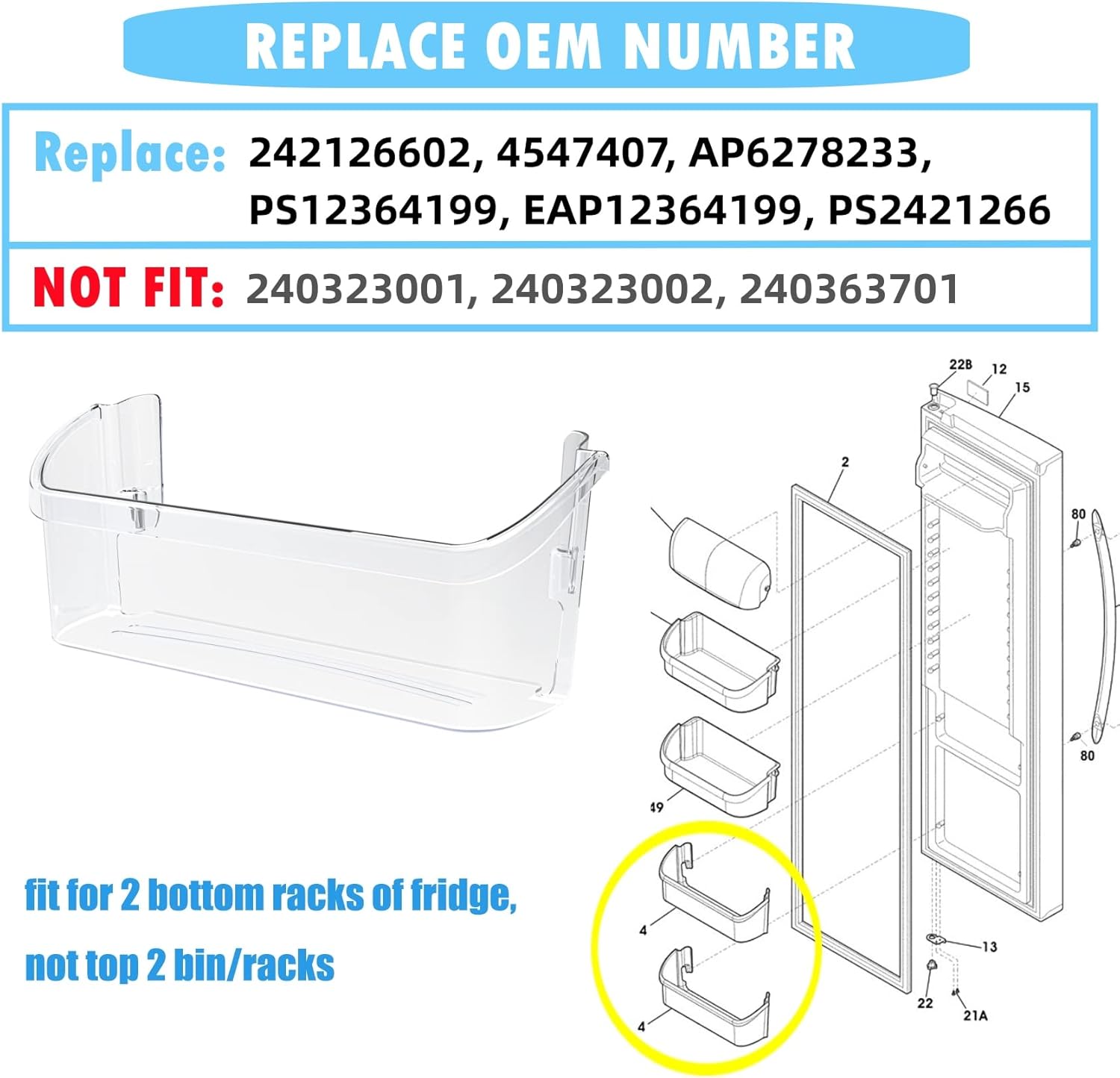UPGRADED 242126602 Refrigerator Door Shelf Bin Replacement Part, Side Shelf Rack Compatible with Frigidaire or Electrolux, Replace 4547407, PS12364199, AP6278233, EAP12364199