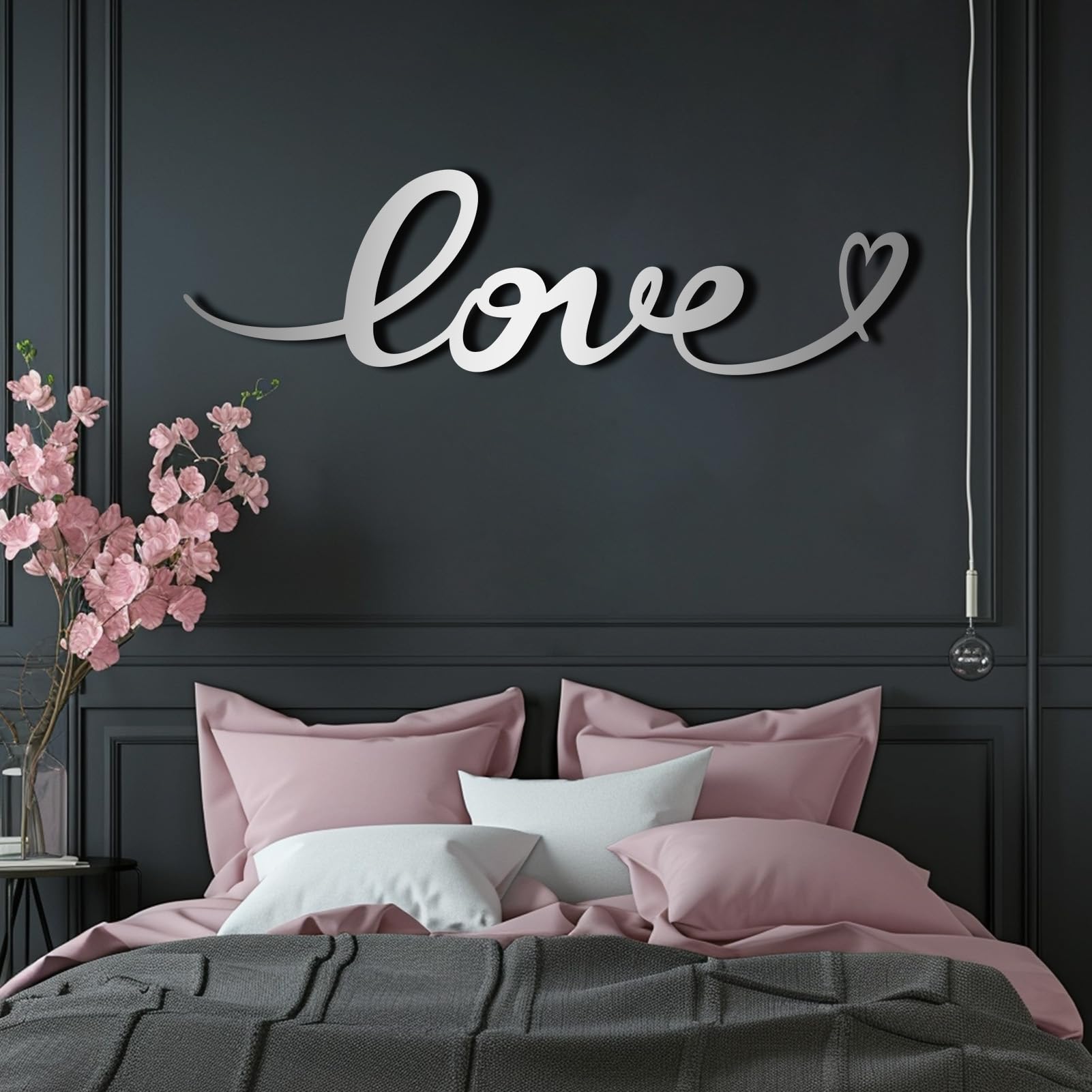 Schwarzes Metall-Herz-Wandbild, Metall-Monogramm-Hochzeitswandbild, Moderne Liebeskunst-Dekoration für Wohnzimmer, Schlafzimmer, Flur, Heimdekoration (Schwarz, 150 x 43 cm)