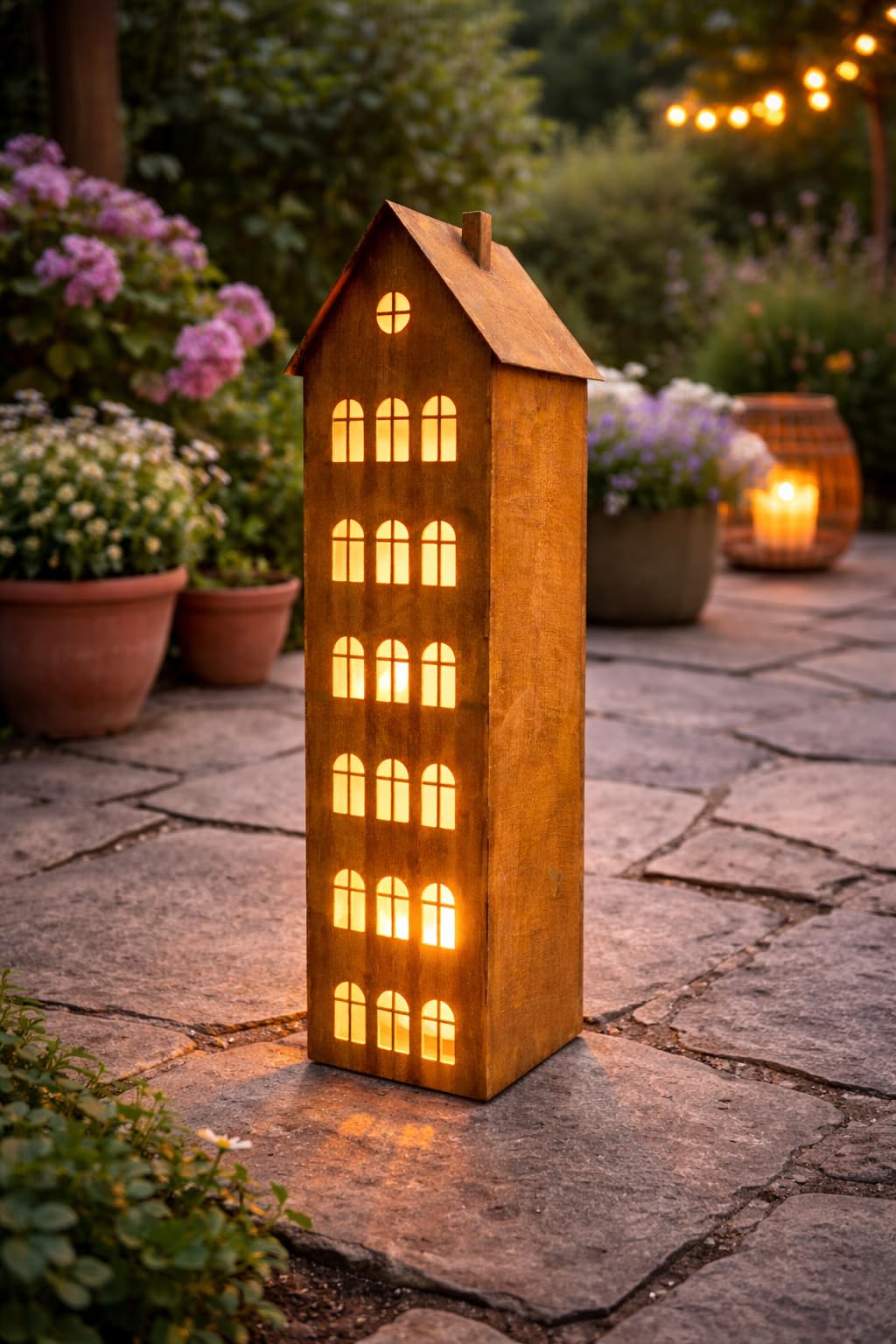 Bornhöft Metall Haus Edelrost Gartendekoration, 101 cm Höhe, 24 cm Breit, XXL Deko Skulptur mit Fenstern, Rost Optik