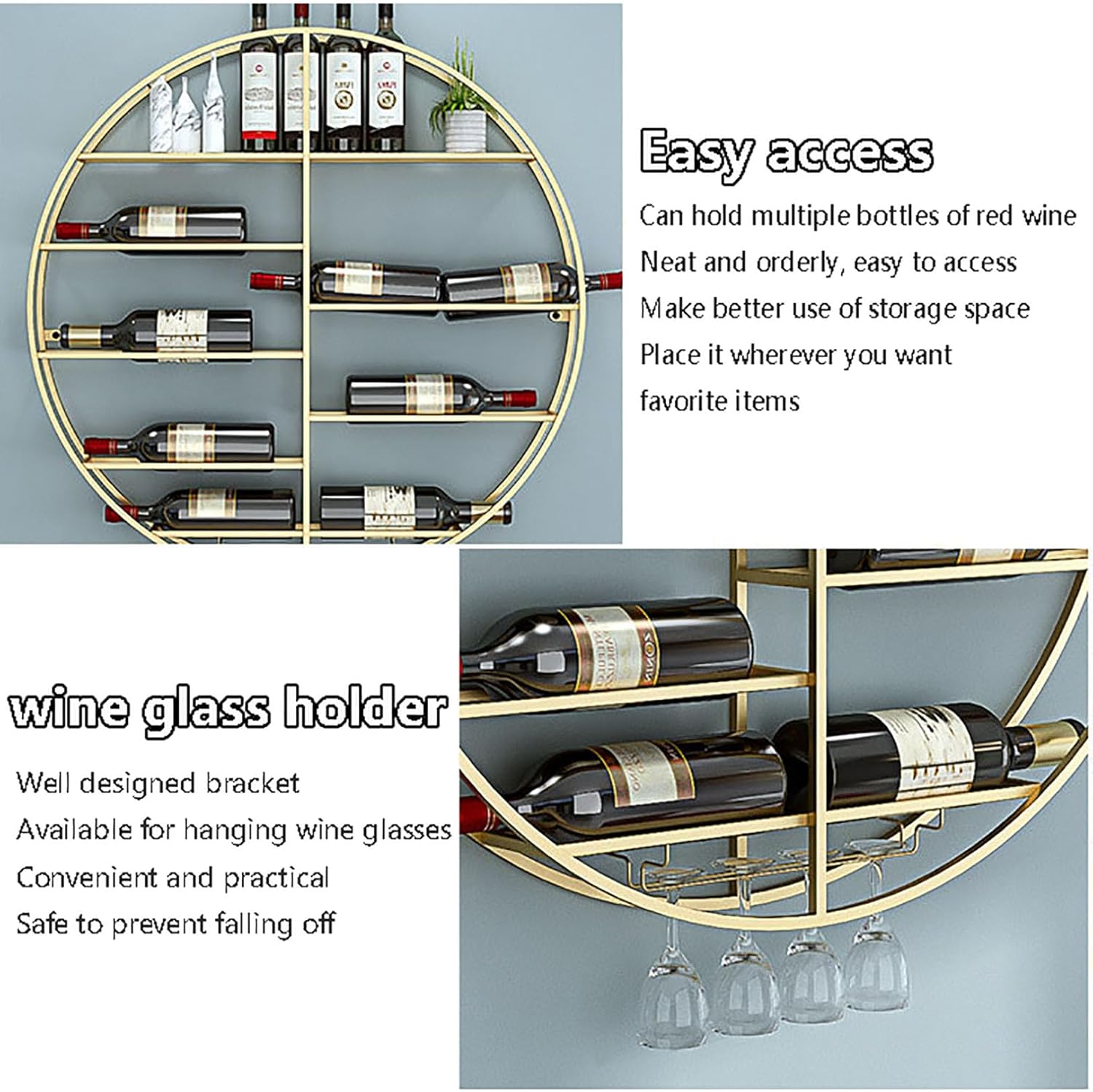 Modern Round Wall Mounted Wine Rack Metal Hanging Wine Glass Holder with Floating Bottle Organizer Stylish Wine Display Storage Rack for Bar Kitchen and Coffee Shop