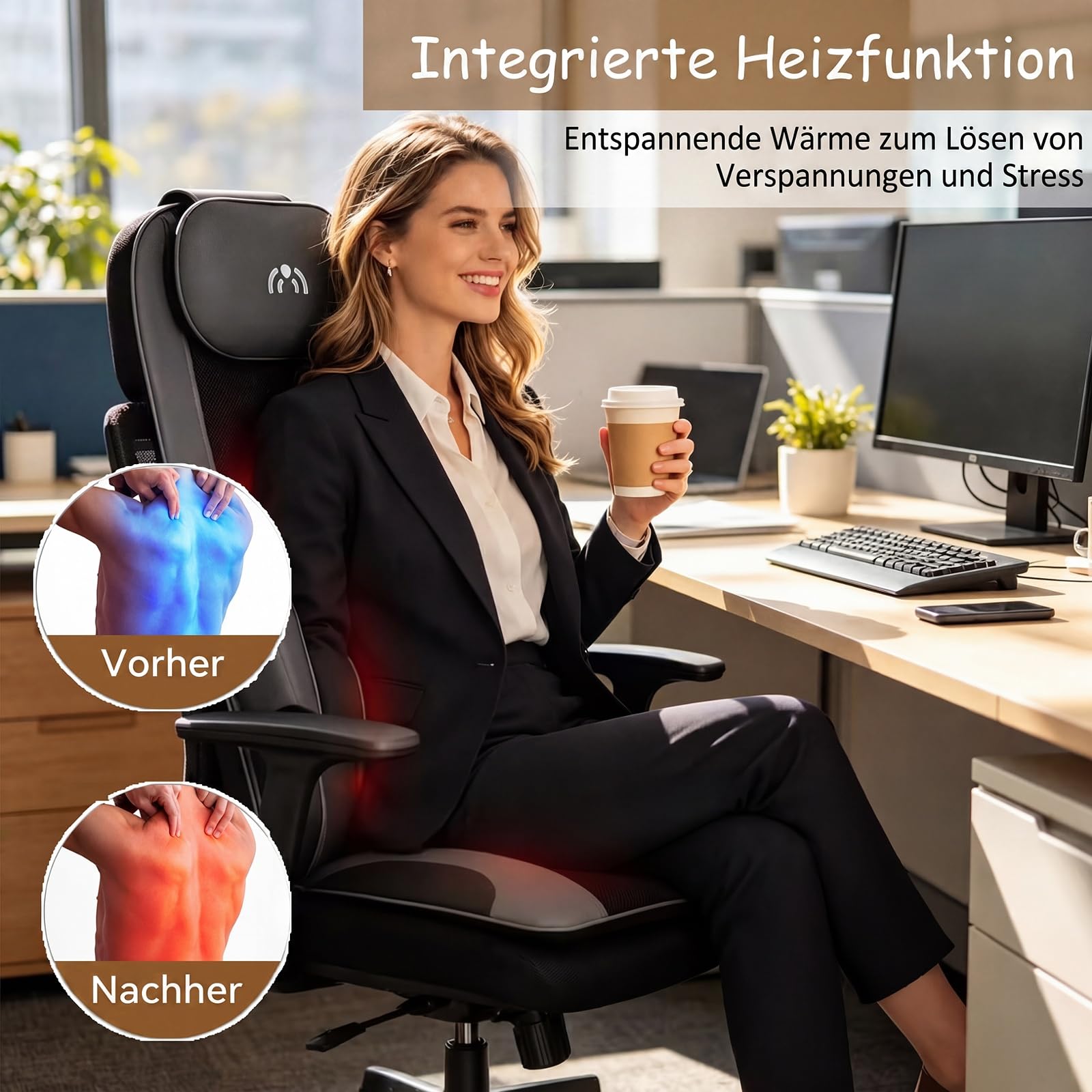 GYMAX Massagesitzauflage, Massageauflage mit Wärme für Nacken & Rücken, Shiatsu-Massage mit 4 Knetknoten & 2 Vibrationsmotoren, Autositz Massage, Stuhlmassagegerät für Büro & Haus