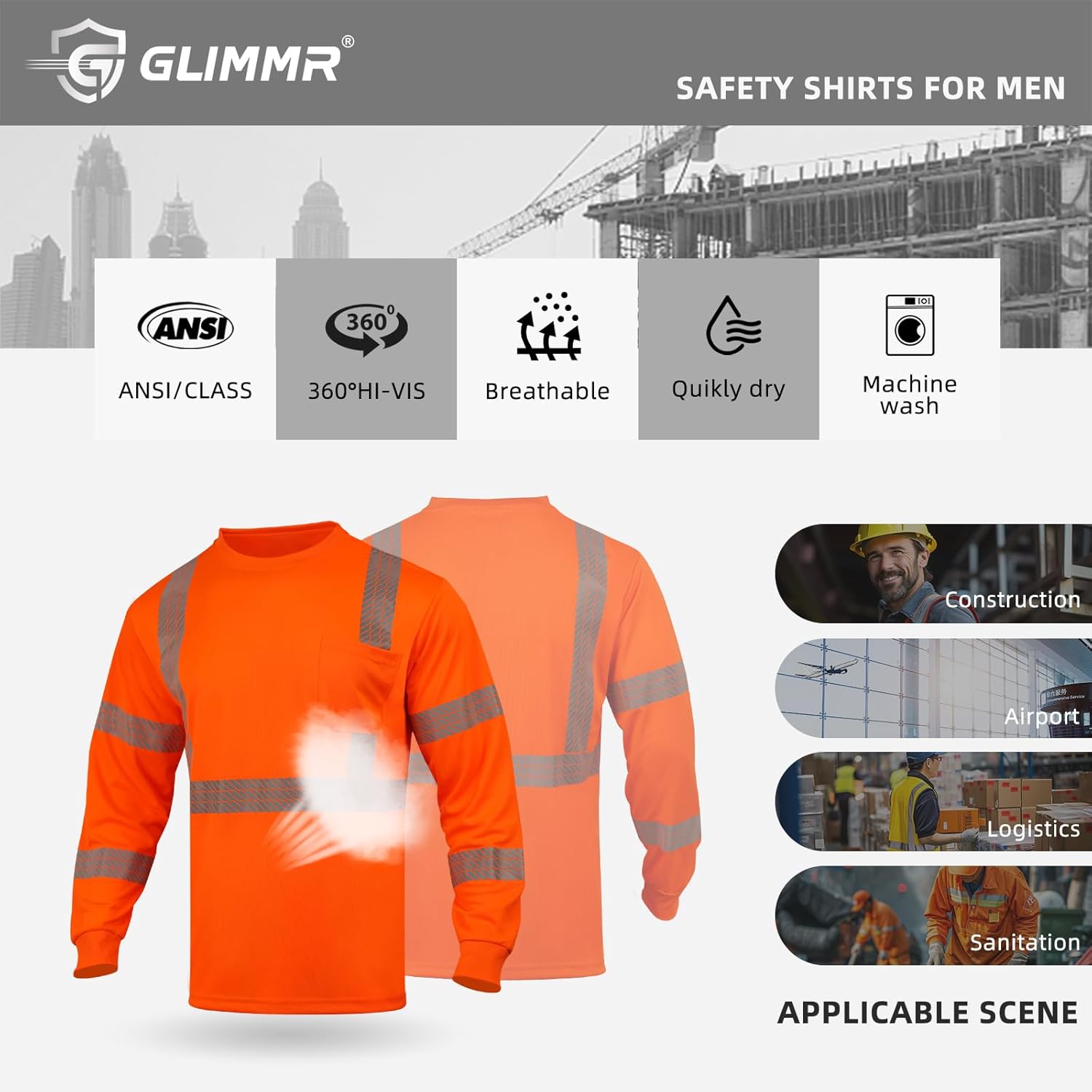 GLIMMR Safety Shirt Long Sleeve Class 3 High Visibility Reflective Men's Hi Vis T Shirt for Work Warehouse Construction - Image 6