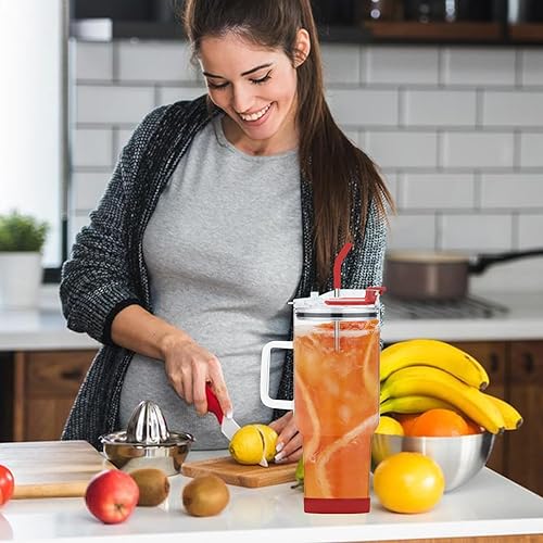 Miniatura 7 de Vaso de vidrio con tapa y popotes, taza de vidrio de 40 onzas con asa, vasos para beber con posavasos de silicona, taza de agua de vidrio, taza de