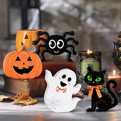 Miniatura 7 de Letreros de madera de Halloween, decoración de calabaza, 4 letreros de mesa de Halloween, calabaza, fantasma, araña, gato negro, letreros