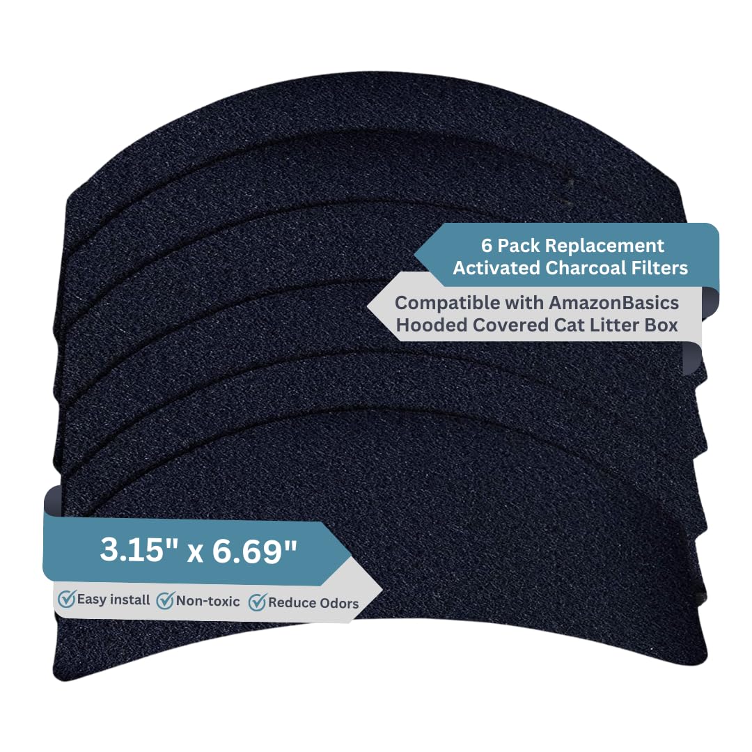 6-Pack Activated Carbon Cat Litter Box Filter Replacement - Premium 3.15" x 6.69" Activated Charcoal Filter - Compatible with AmazonBasics Hooded Covered Cat Litter Box, Made in USA