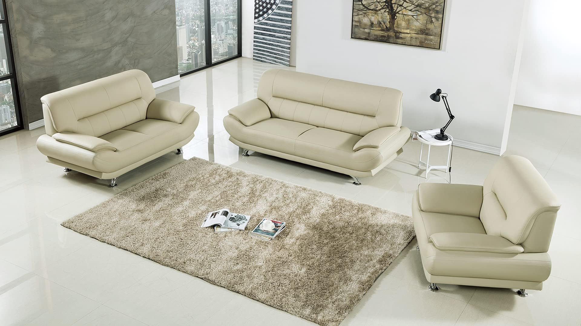 American Eagle Furniture Mason Collection 3 Piece Extra Base Supported Upholstered Bonded Leather Living Room Set with Sofa, Bone