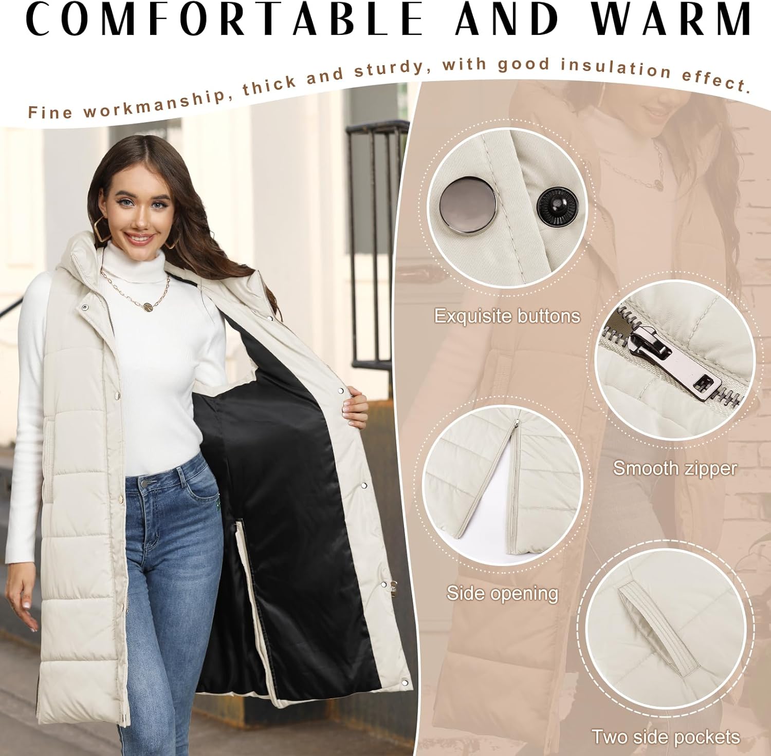 HEEKPEK Womens Puffer Vest Winter Hooded Sleeveless Zip Up Long Puffy Jacket Warm Thick Quilted Coats with Pockets - Image 5