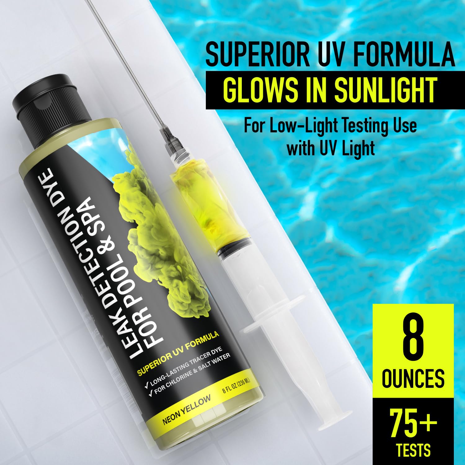 Kit de tinte para detección de fugas de piscina, con 2 aplicadores de precisión, más de 75 pruebas, tinte UV superior de larga duración que localiza fácilmente fugas, para todos los tipos de piscina