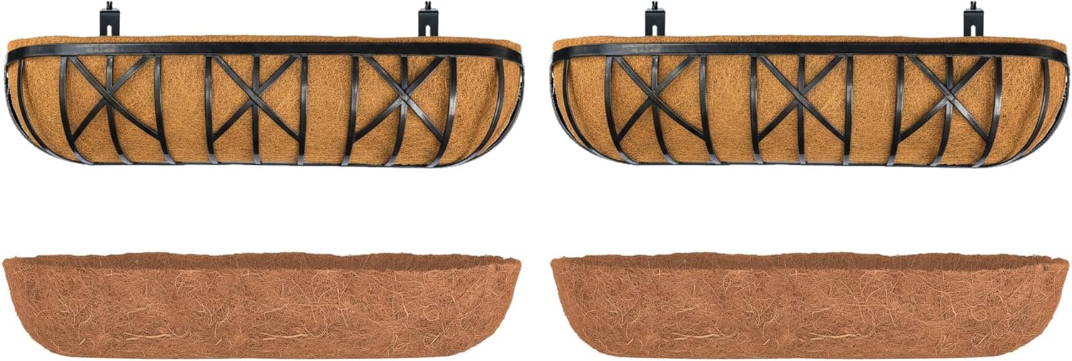 LaLaGreen Bundle- 2 Pack, 36 Inch Rectangular Metal Basket with Coco Liner + 2 Pack, 36 Inch Coconut Coir Insert Black Window Hanging Boxes with Bracket Balcony Porch Patio Rail Outdoor Decor Planter