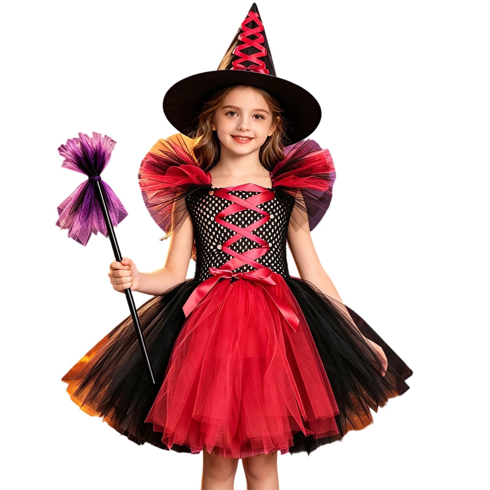 Halloween Kostüm Kinder Hexe Mädchen Halloween-Kostüm Mädchen Halloween Costume Tütü Hexen Verkleidung Set Für Kleid Party Kostüm Mit Hexenhut Und Besen