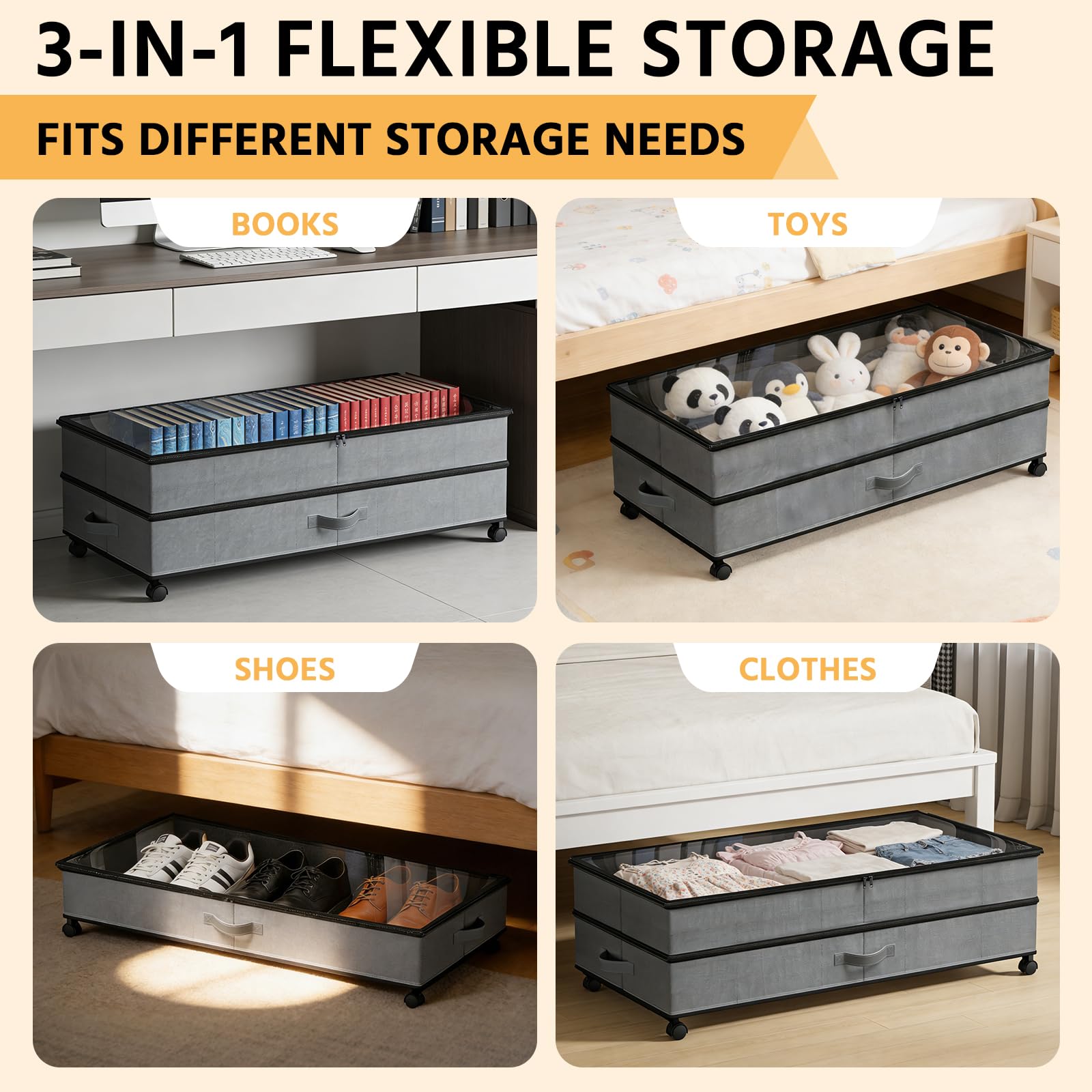JAOGAUS Cajones de almacenamiento de cama con ruedas, paquete de 2 unidades, 72 L, XXL, ajustables, 25 cm de altura con tapa, caja de almacenamiento de dormitorio que ahorra espacio para ropa, zapatos