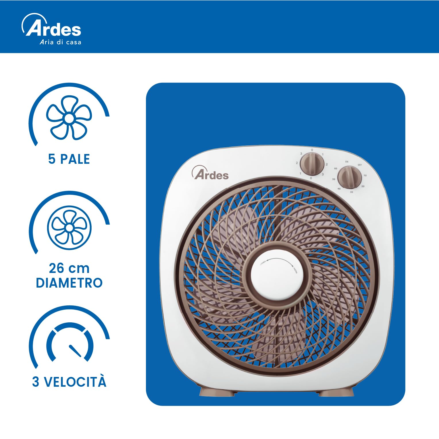 ARDES - AR5B24 Ventilateur de table ou sur pied muni de 6 pales et 3 niveaux d'intensité Rotation à 360 degrés Ventilateur sur pied Box Floor