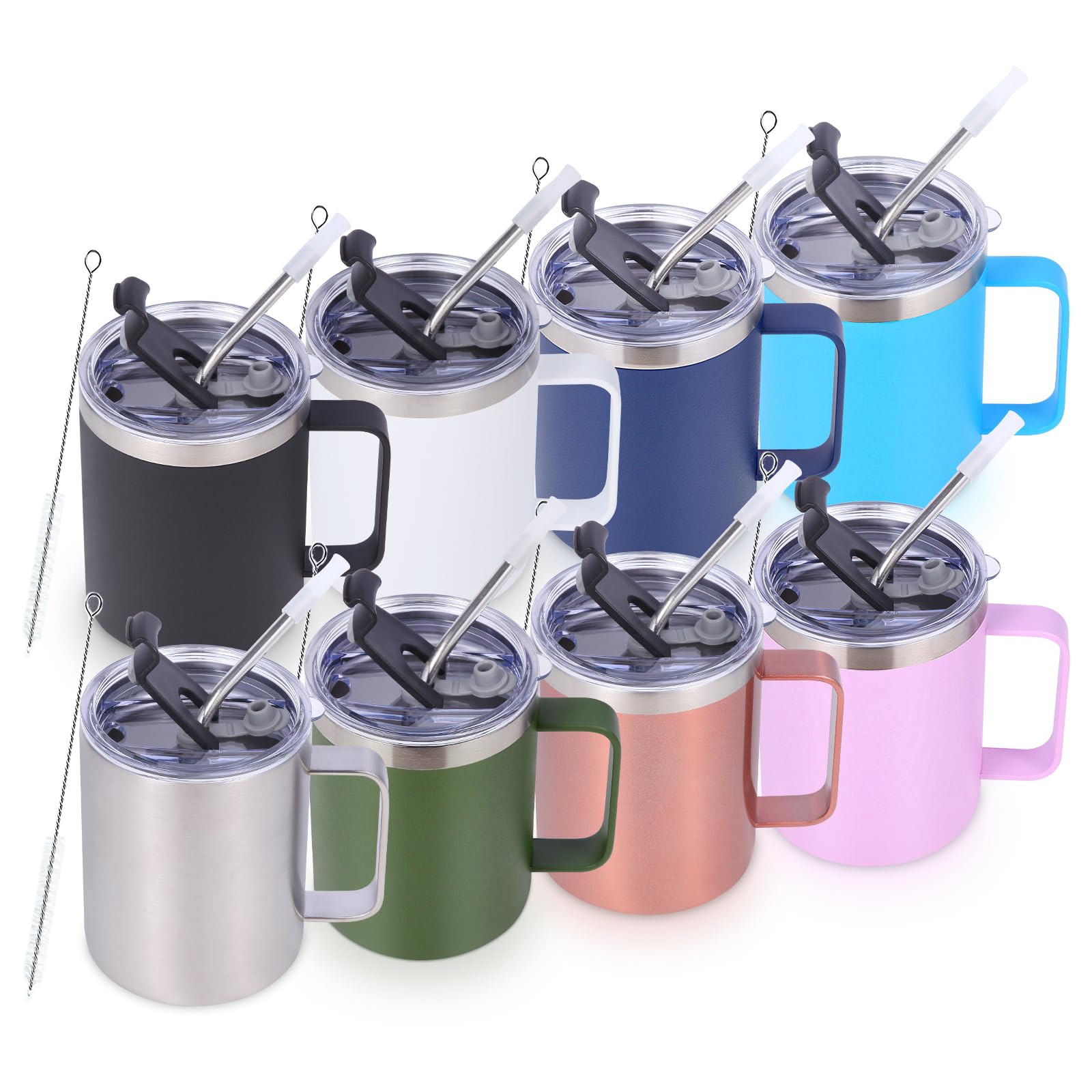 Volhoply 350ml Kaffee-Thermobecher, doppelwandig vakuumisolierter Edelstahlbecher mit Griff und Trinkhalm, lebensmittelechter 18/8-Edelstahl, warm & kalt für Büro, Camping(Mehrfarbig, 8er-Set)
