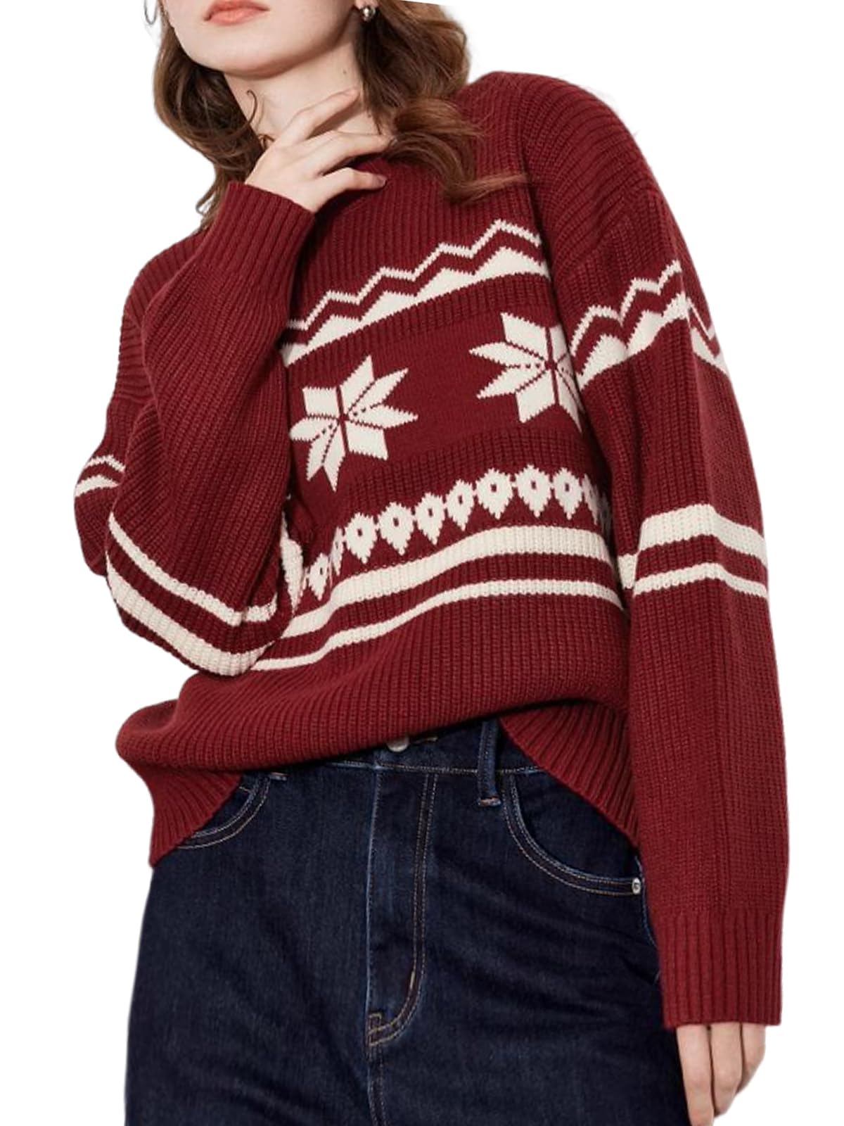 utcoco Women Contrast Snowflake Pullover Sweater Color Block Oversized Knit Sweaters 2025 Fall Outfits