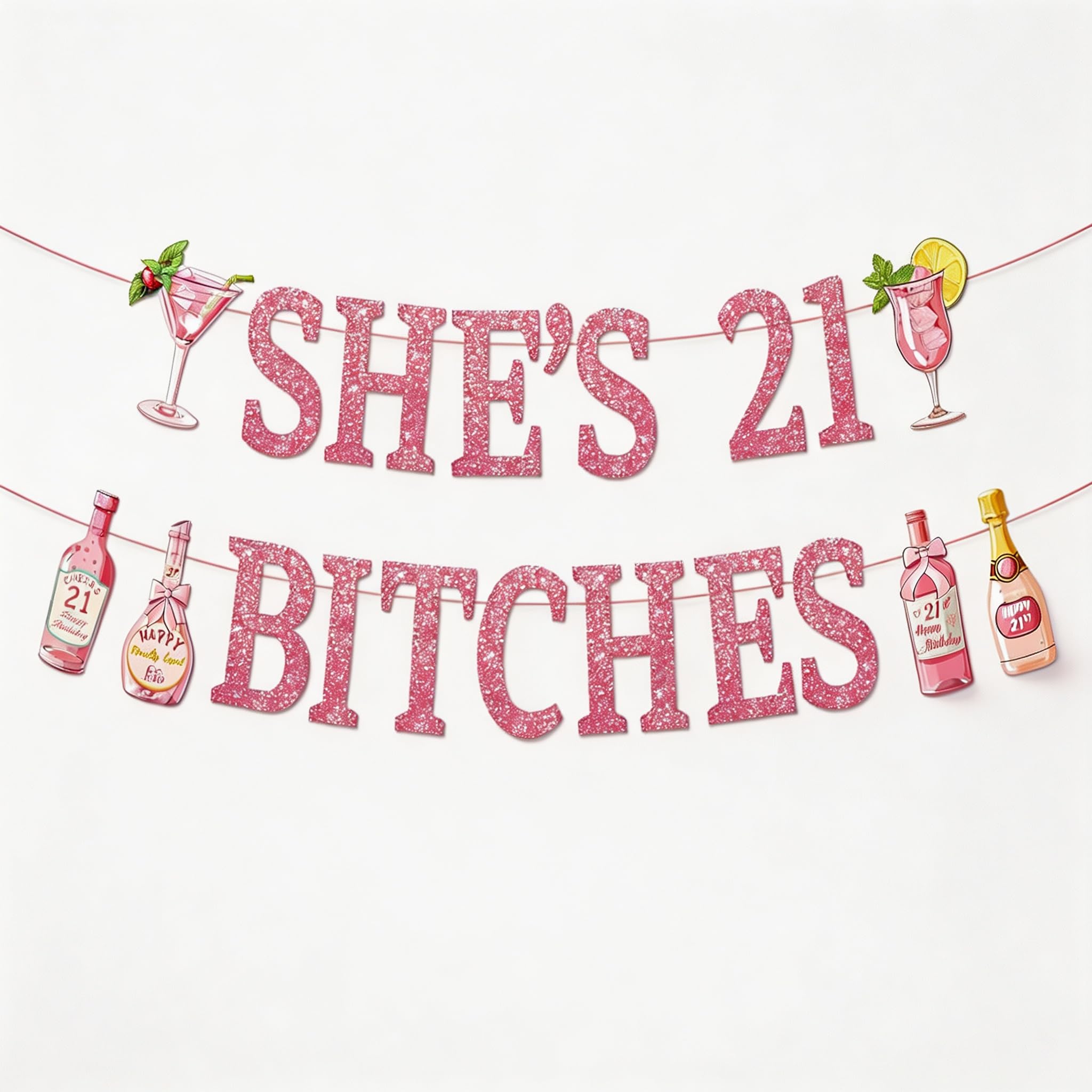 21st birthday decorations for her, Pink Glitter "SHE'S 21" Banner (1pc)