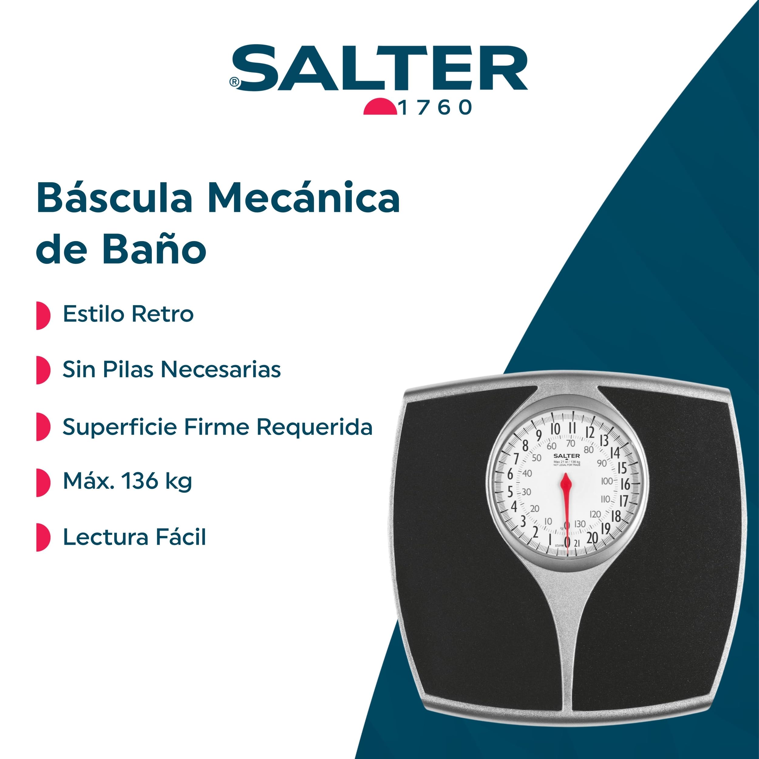 Salter 148 BKSVDR Báscula de baño mecánica Speedo, analogica, estilo retro, pantalla de lectura fácil, plataforma grande, máx. 136 kg, sin pilas, precisa y fiable, medidas en kg/lb, negra/plateada