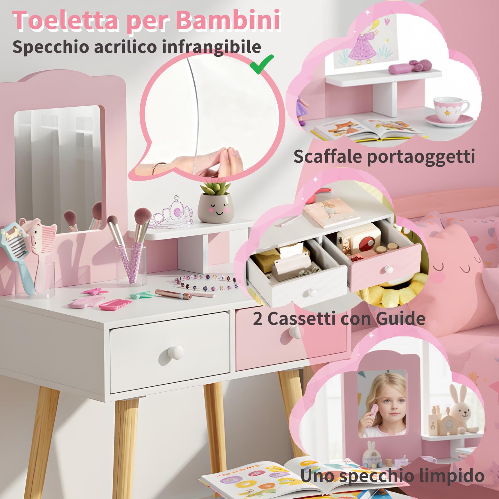 Clevich 2 in 1 Toeletta Trucco Bambina, Toeletta per Bambini con Specchio, 2 Cassetti, Scrivania in Legno con Sgabello, Robusto e Durevole, per Bambini dai 3-8 Anni, Rosa