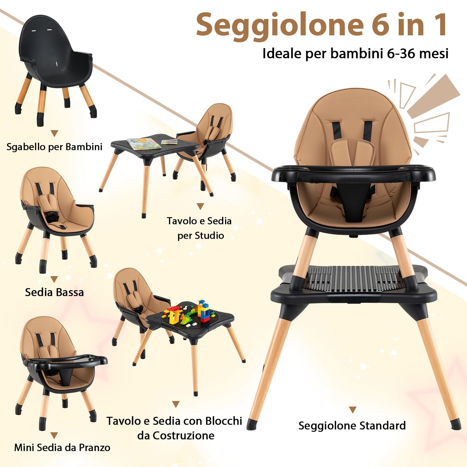 COSTWAY 6-in-1 Seggiolone per Neonati, Seggiolone Prima Pappa, Tavolo e Sedia Convertibile per Bambini, Imbracatura di Sicurezza, Vassoio Rimovibile, per Bambini 6-36 Mesi (Caffè+Nero)