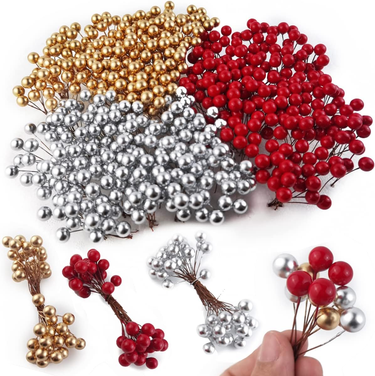 GXXMEI 300PCS Artificial Holly Berries, Mini 10 mm Fake Berries Decor on Wire for Christmas Tree Decorations Flower Wreath DIY Craft Use (Red+Gold+Silver)