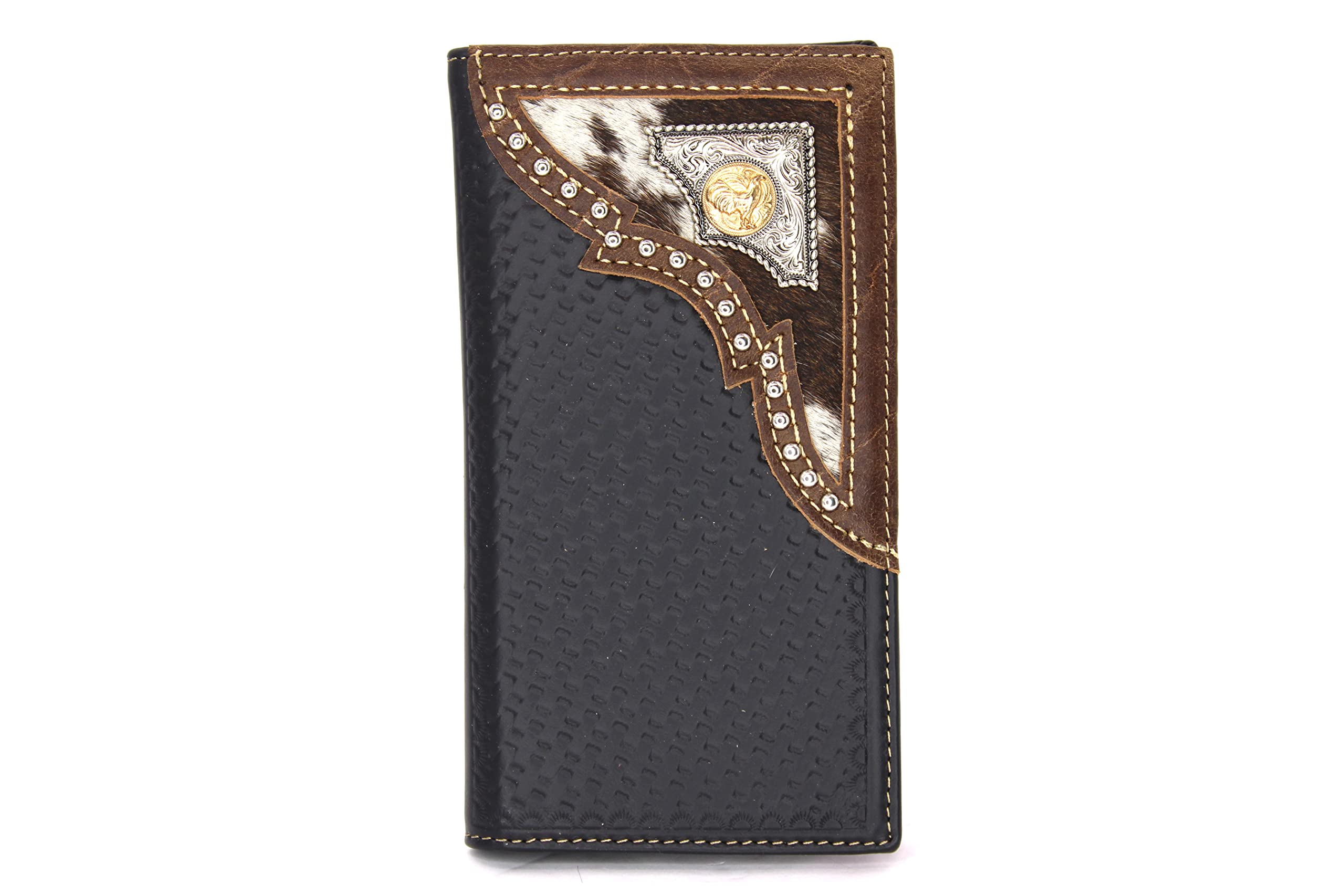 West Star Texas Men’s Western Wallet - Genuine Leather Rodeo Wallet with Tooled Inlay and Concho (Black)