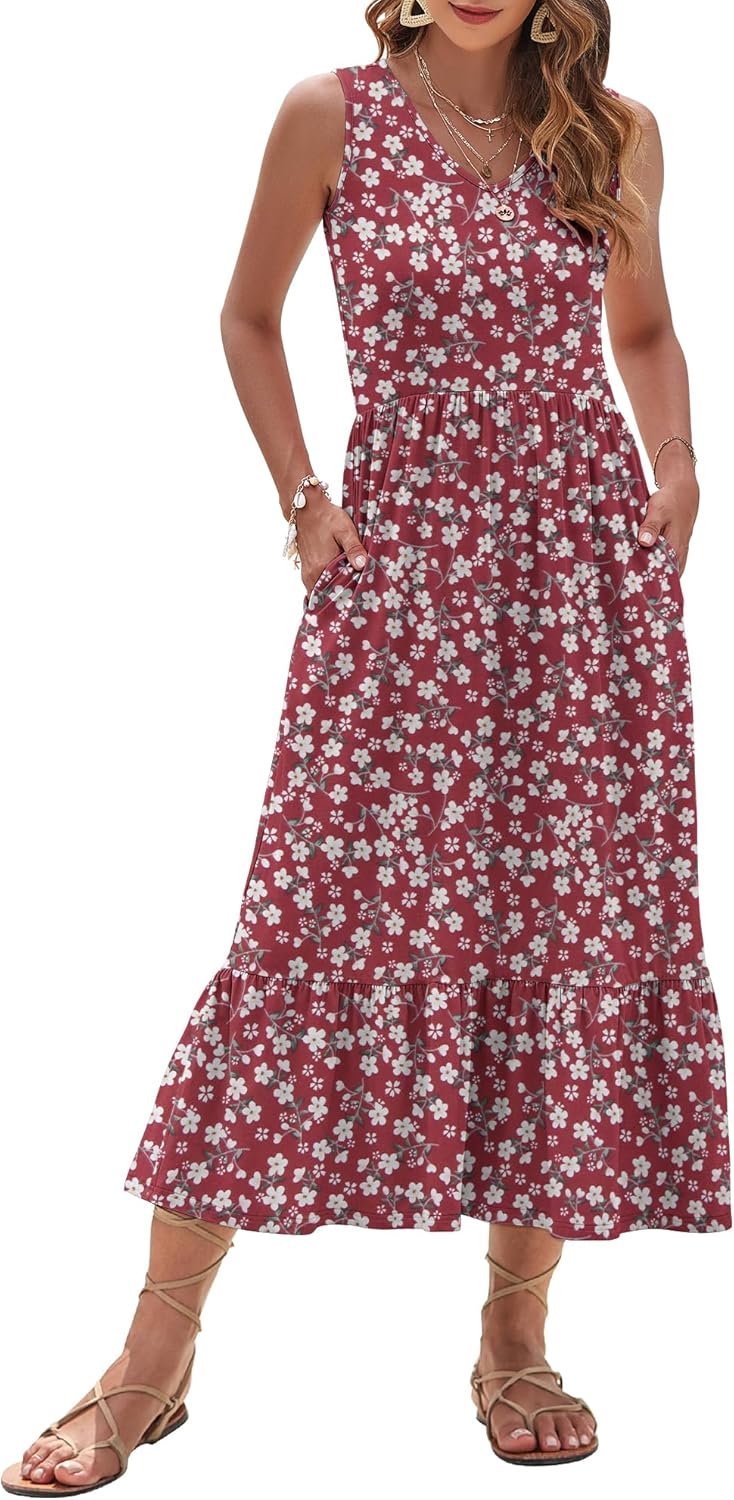 AUSELILY Womens Maxi Dress 2025 Sleeveless Summer Dresses V Neck Casual Tiered Sundresses with Pockets