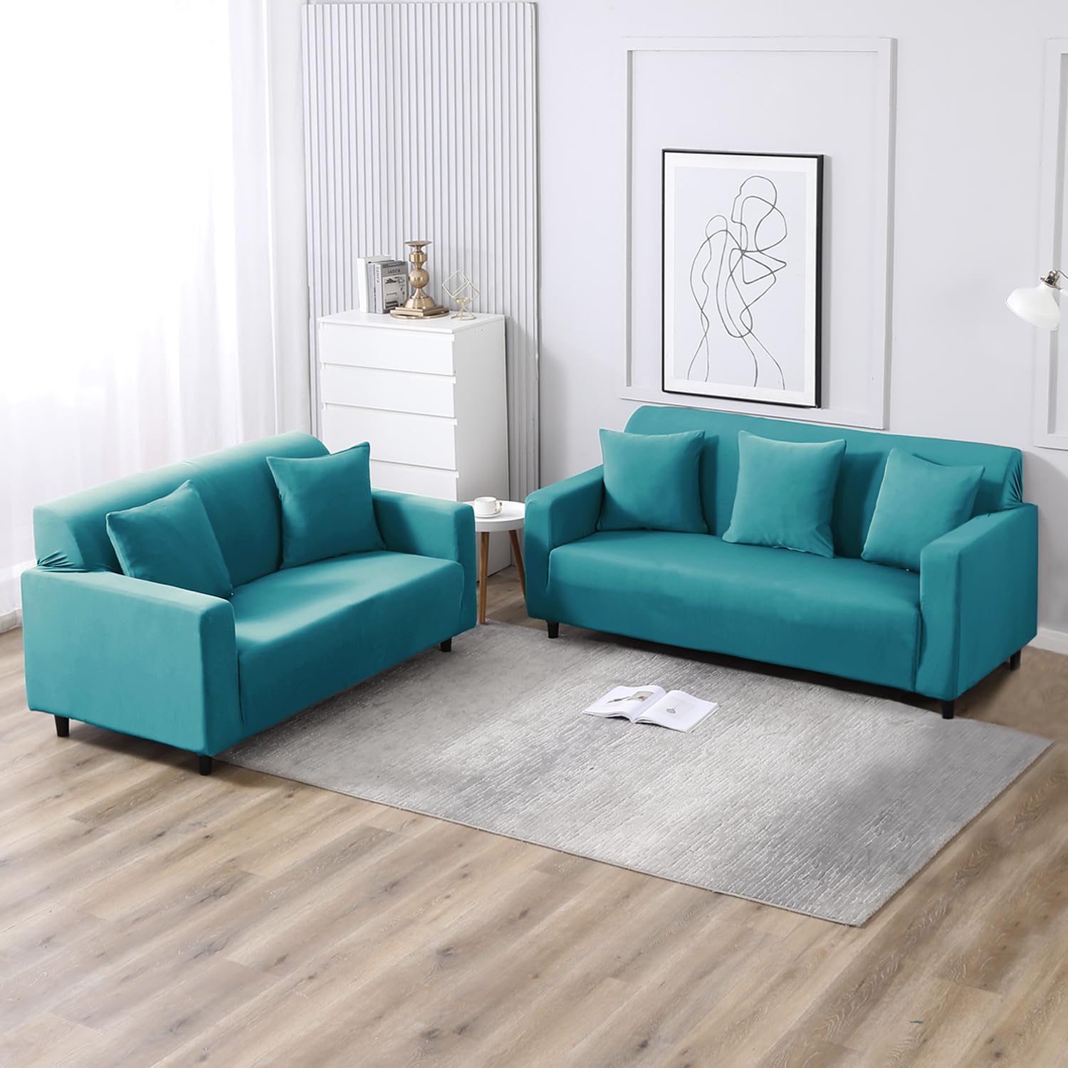 HOKIPO Printed 5 Seater Fully Covered Sofa Cover in 3 Seater and 2 Seater Configuration, Dark Cyan (AR-4278-E7 + AR-4279-E7)-picture-19