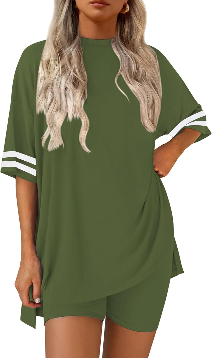 Ekouaer Womens Pajamas 2 Piece Lounge Set Casual Oversized Short Sleeve Tops Biker Shorts Set Comfy Pjs Outfits S-XXL