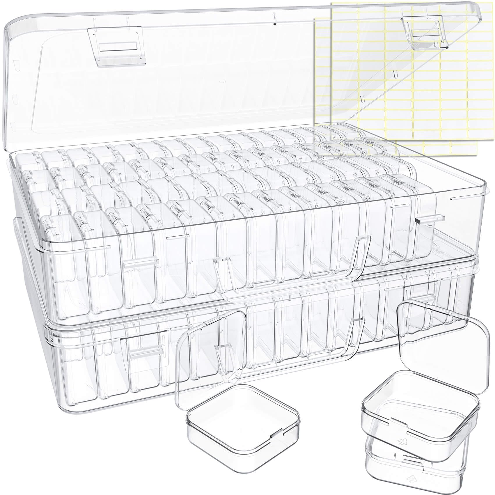 Bead Organizer Box, 120 Pack Small Clear Storage Boxes with Labels, Large Travel Craft Case with Handle, Mini Plastic Containers for Jewelry Making Diamonds DIY Pony Bracelet Screws Seeds Small Parts