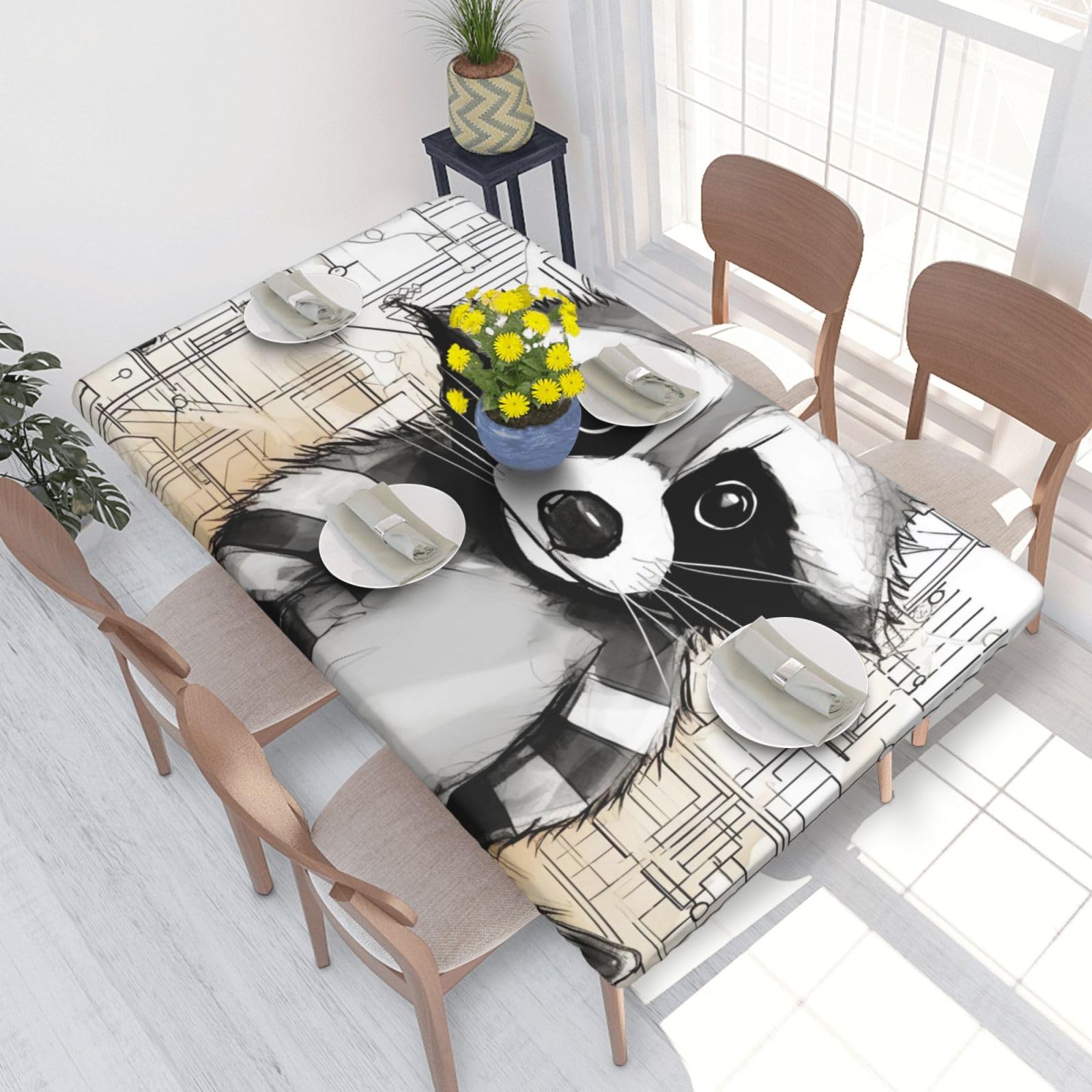 DCARSETCV cute raccoon Printed 4FT Waterproof Tablecloth with Elastic Edged Protect & Decor Your Table, Oil-proof Washable Table Cloth Cover for Dinner Picnic Party