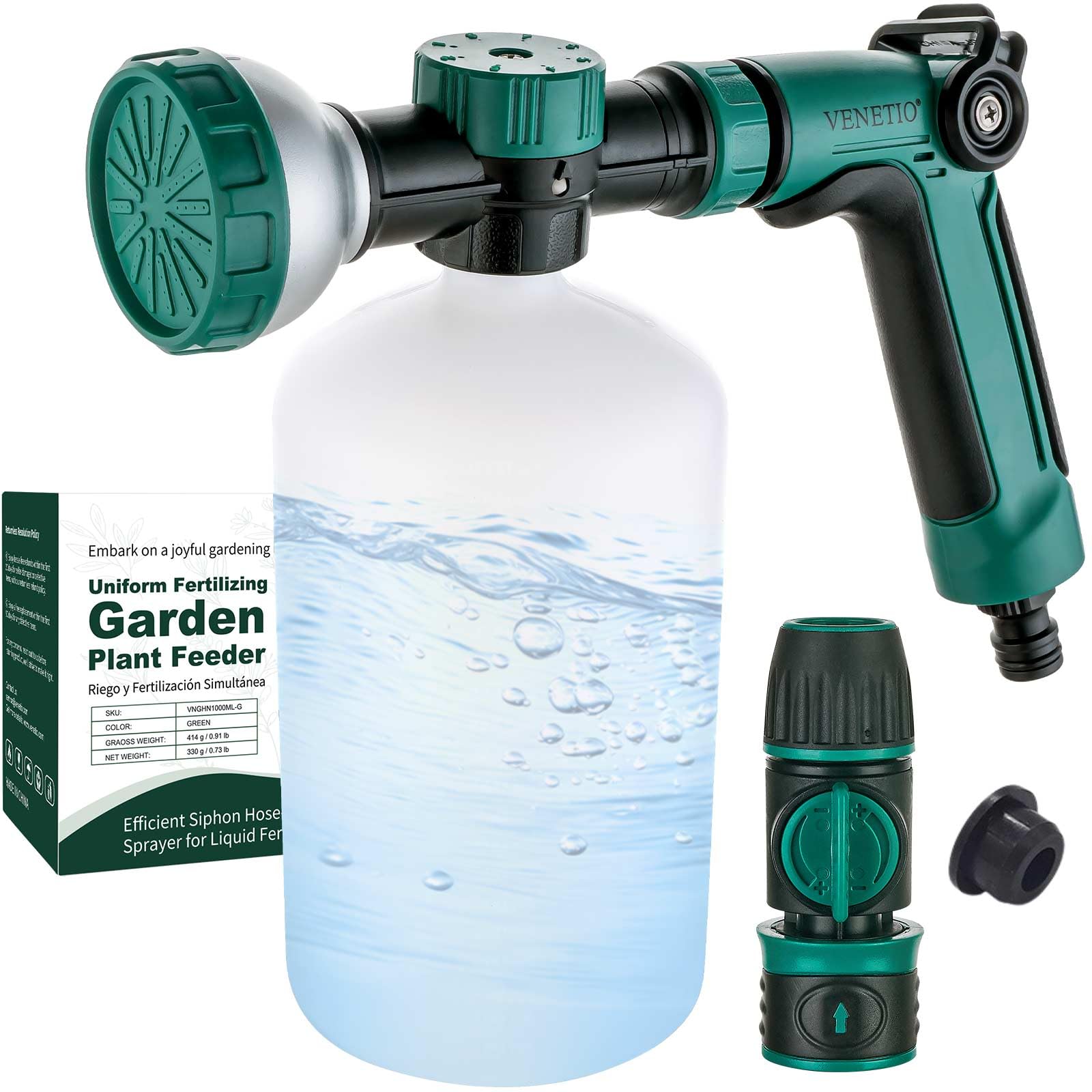 VENETIO 8-Dial Hose-End Sprayer Pro with Quick Connector for Liquid Fertilizer | Lawn and Garden Nozzle Spreader for Uniform Fertilizing, Pet Washing & Outdoor House Cleaning, 1000mL Dispenser Bottle