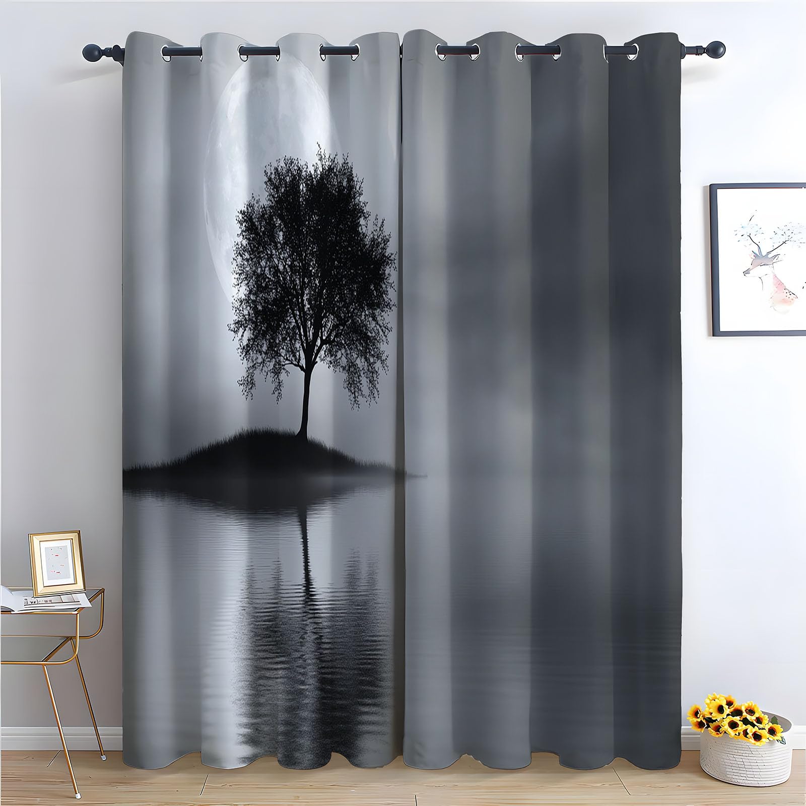 Abstract Line Printed Curtains For Bedroom Trees Room Blackout - Floral Digital Printing, 85% Light Blocking Spring-300 Wx140 Cm (2 Panele)