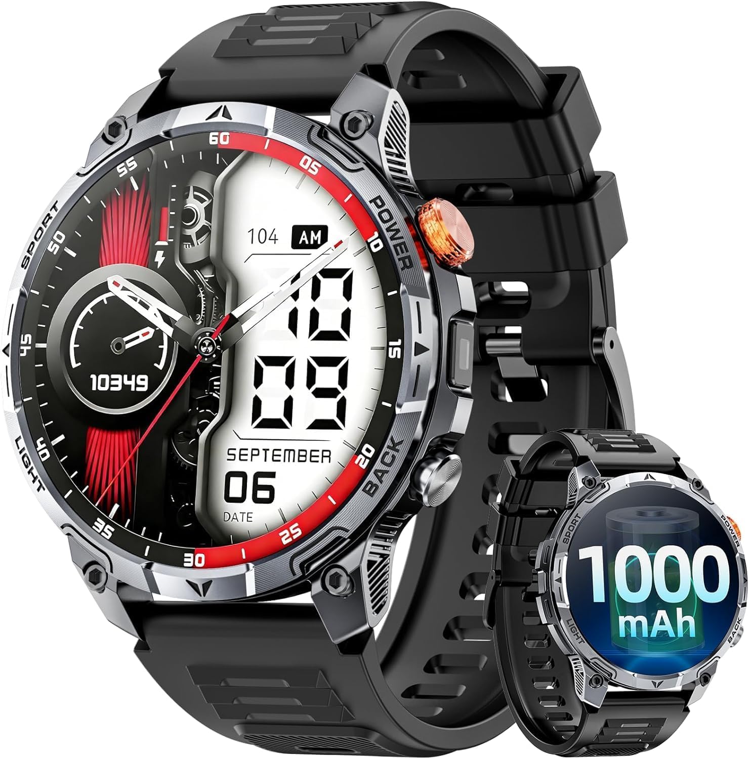 Smartwatch da uomo militare, 100 giorni di autonomia ultra / batteria 1000 mAh / 1,75" HD grande display / torce a LED / frequenza cardiaca 24/7/ monitor del sonno/110+ modalità sport/IP68