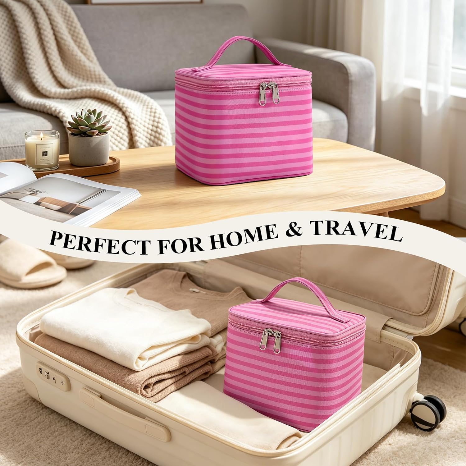 Striped Makeup Bag with Built-in Mirror, Large Capacity Nylon Cosmetic Bag, Portable Travel Toiletry Organizer with Handle for Travel (Pink Stripe) image 3