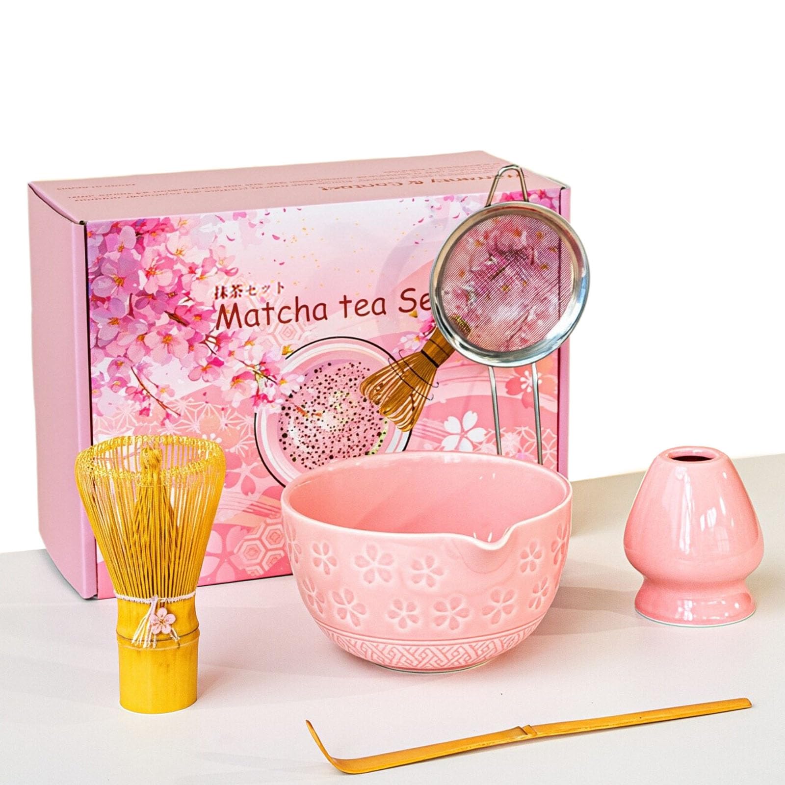 Matcha Whisk Set, Pink Matcha Set Include Matcha Bowl, Bamboo Whisk, Bamboo Scoop, Stainless Steel Sifter and Holder, 5 Pcs Matcha Kit for Gift, Lover, Friends
