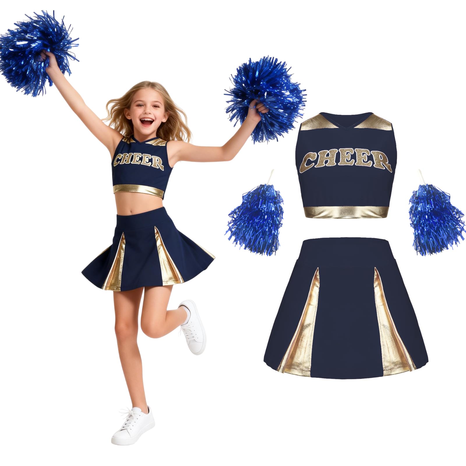 maxToonrain Girls Cheerleader Costume Shiny Gold Accents 3 PCS Kids Cheerleader Outfit with Pom Poms, Top