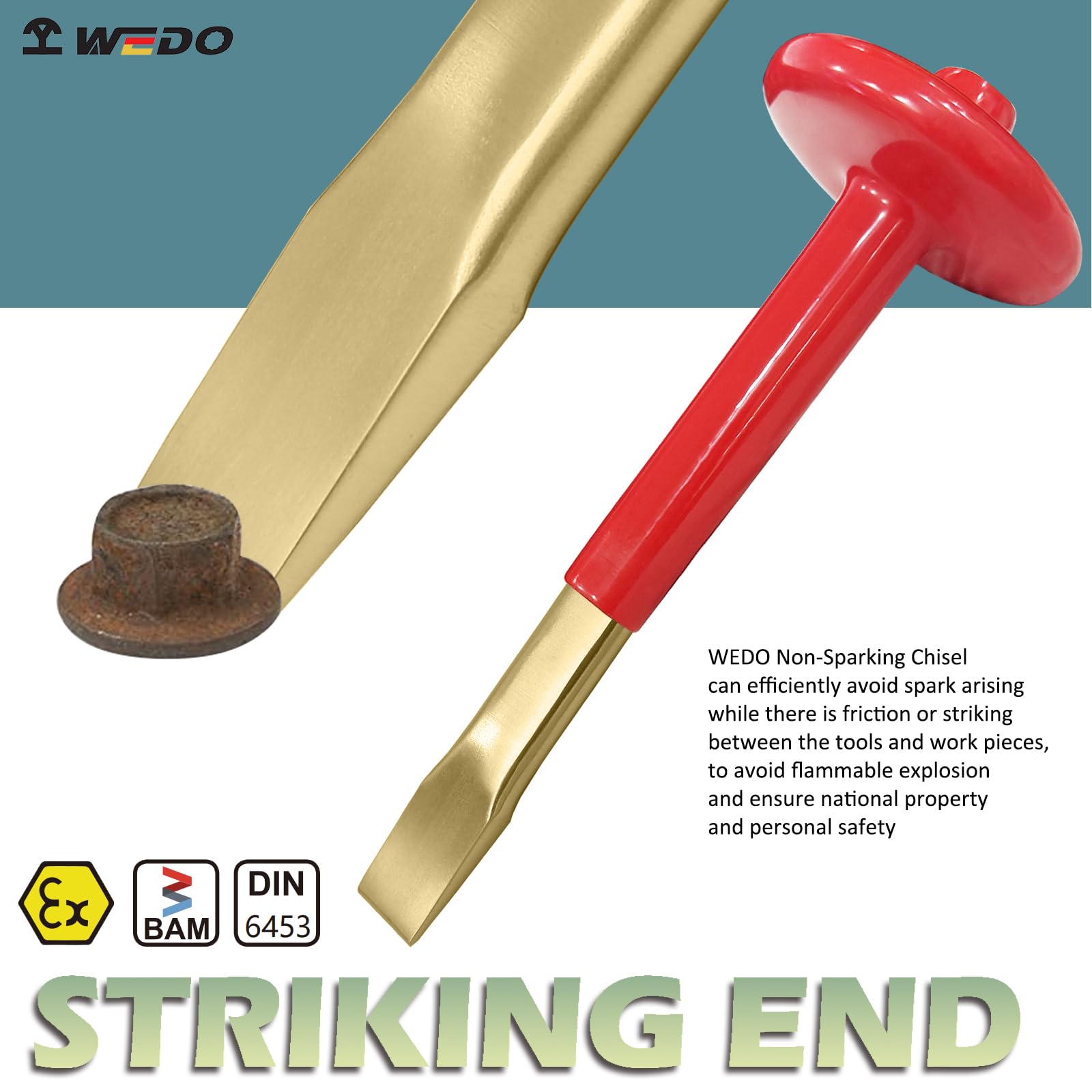WEDO Cincel de mampostería sin chispas, cincel plano, cincel de ladrillo, cincel de roca, cincel de cemento, cincel de hormigón con protector de mano de grosor, bronce de aluminio, longitud 150 mm,