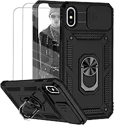 Capa para iPhone X e iPhone XS Capinha | com 2 peças de protetor de tela temperado com janela deslizante da câmera e suporte para telefone incluídos - Preto
