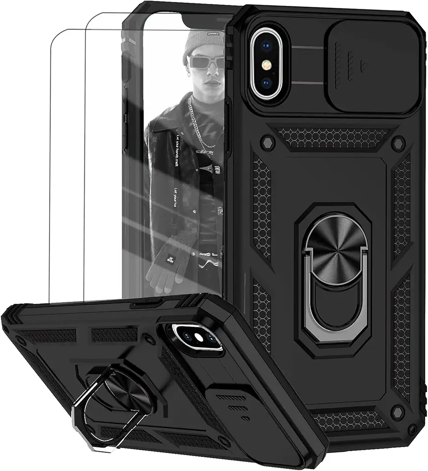 Capa para iPhone X e iPhone XS Capinha | com 2 peças de protetor de tela temperado com janela deslizante da câmera e suporte para telefone incluídos - Preto