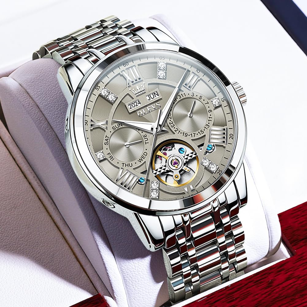 OLEVS Automatic Watches for Men Self Winding Mechanical Skeleton Luxury Dress Stainless Steel Diamond Men Wrist Watches - Image 2