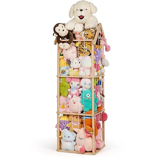 Miniatura 8 de Almacenamiento de animales de peluche, soporte vertical para animales de peluche de madera, fácil montaje, organizador de juguetes de peluche estilo