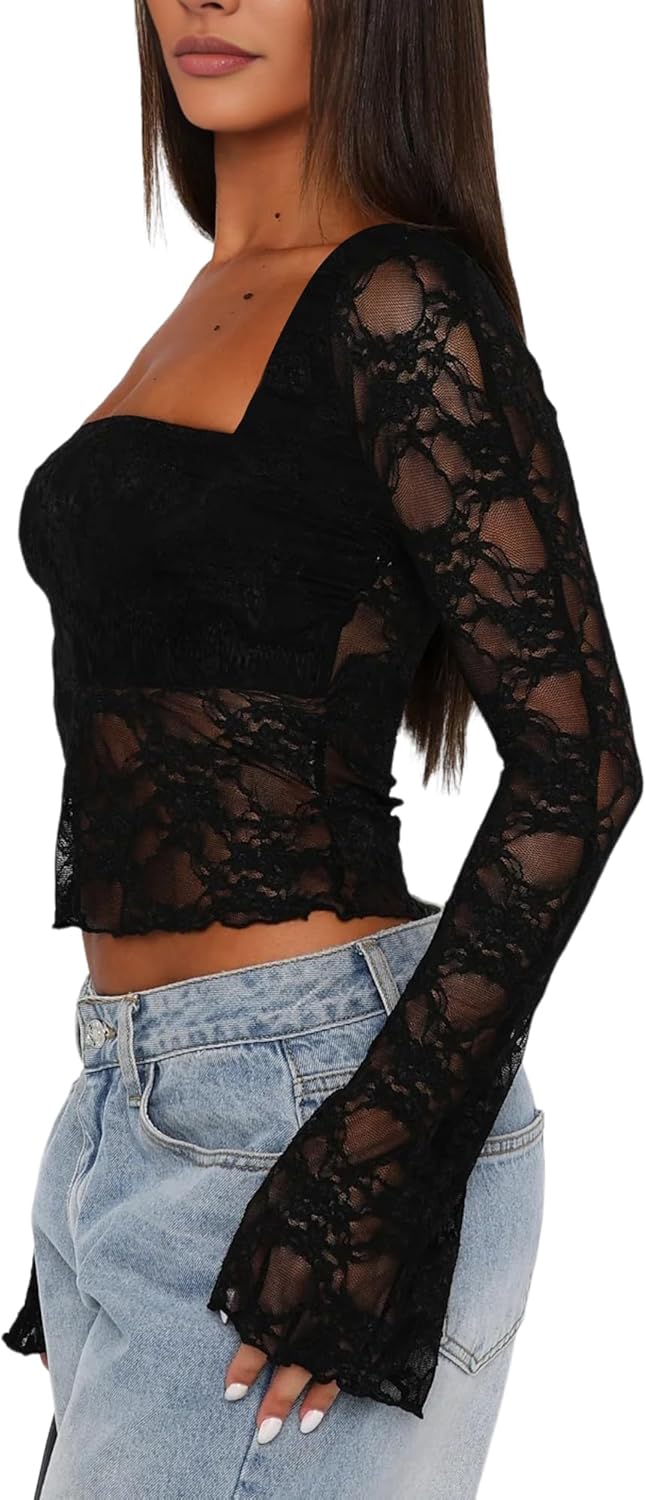 Womens Mesh Sheer Tops Long Sleeve V Neck Sexy See Through Shirts Lace Floral Blouses Y2k Layering Top - Image 2