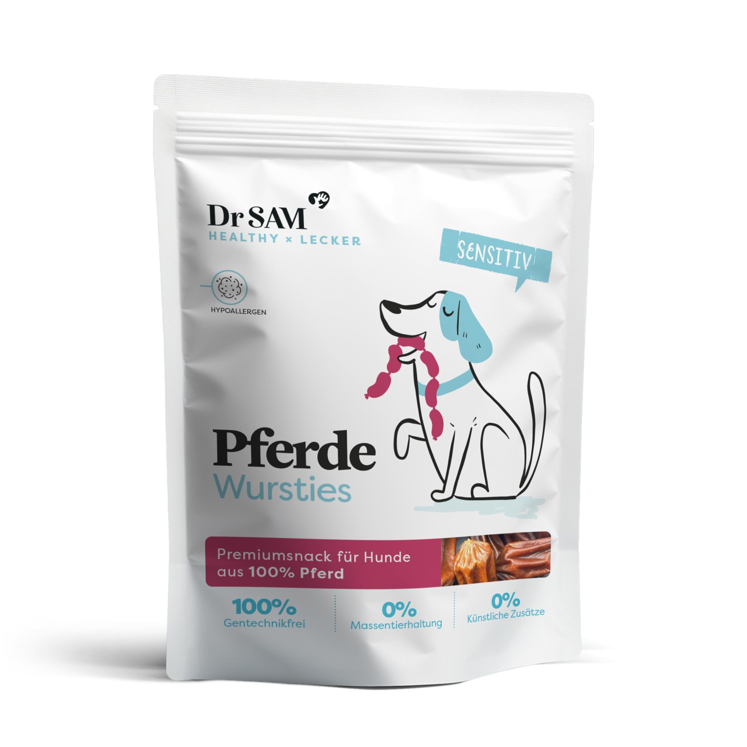 Dr. SAM Salchichas para perros - Snacks hipoalergénicos con carne de músculo de caballo - 100% natural, sin cereales ni gluten - golosinas saludables para cada día