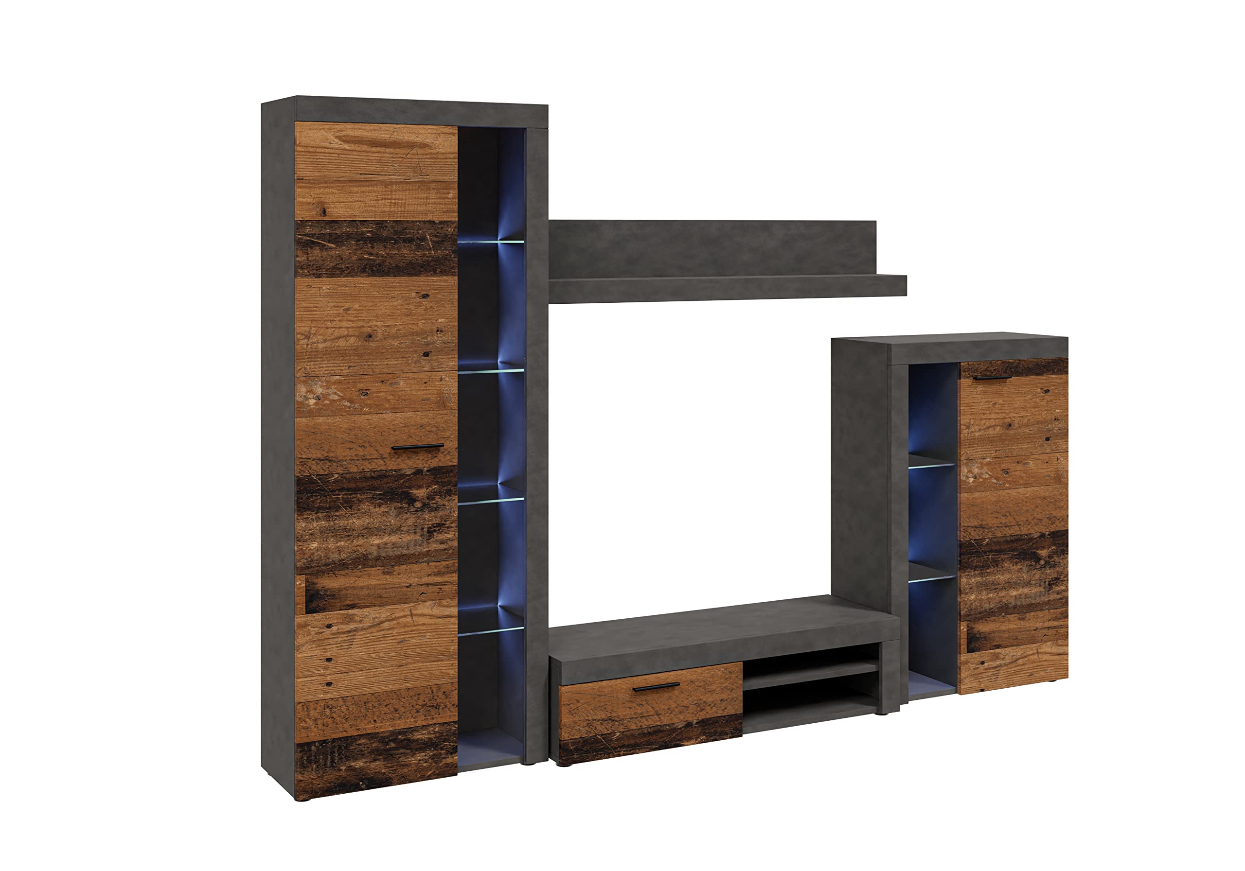Furnix NEU Wohnwand RIVAY Mediawand Betonoptik Wohnzimmer 4-TLG Komplett-Set mit LED - TV Lowboard, Highboard Vitrine, Wandregal Freistehend - B 270 x H 190 x T 40,2 cm, Farbe Old Wood/Matera