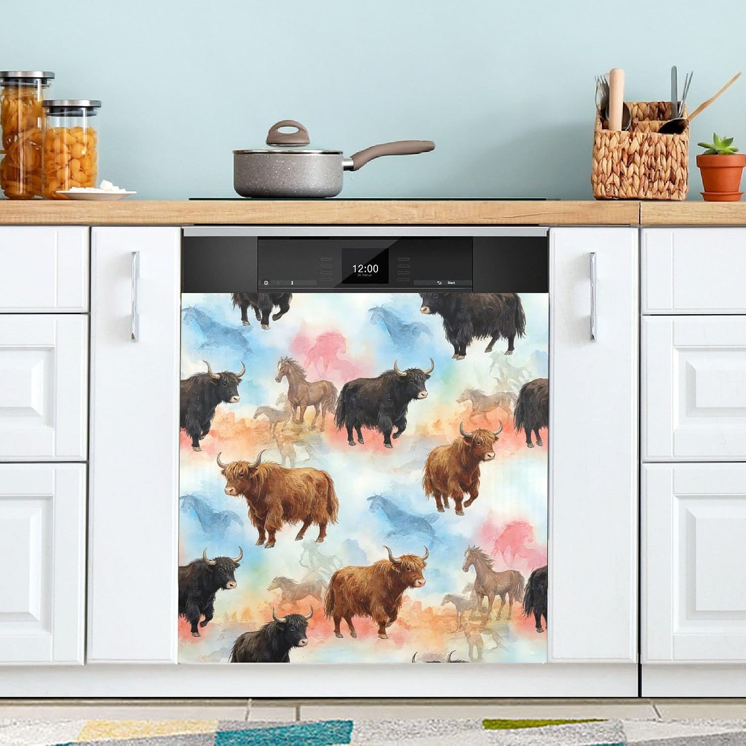 QUGRL Yaks Horses Running on Colorful Dishwasher Magnet Cover Front Door Highland Cows Watercolor Refrigerator Covers Magnetic Sheet Sticker Wash Machine Fridge Panel Decal for Kitchen Appli