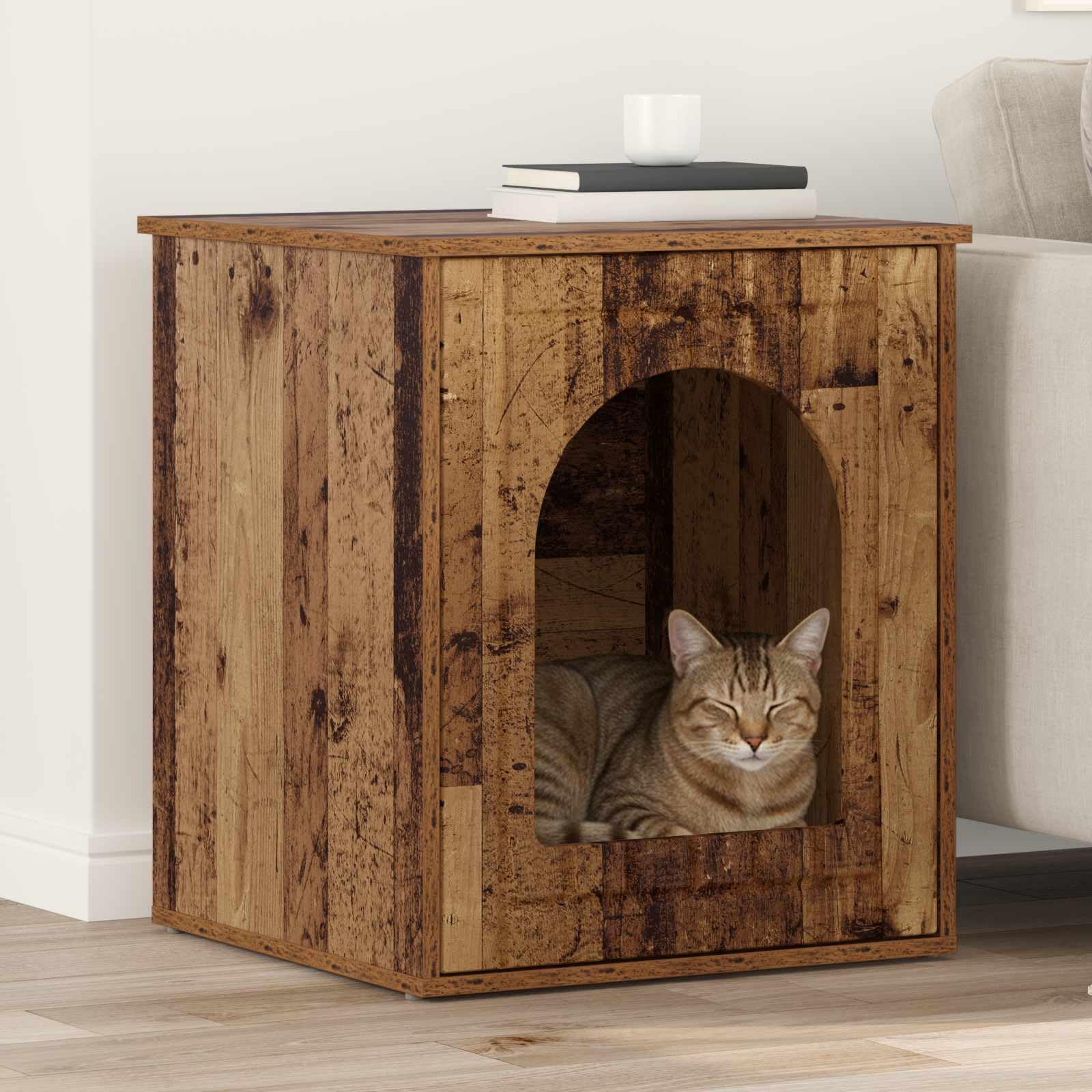 Casa para gatos de madera vieja, 53 x 52 x 62 cm, con superficie de descanso y cueva, rascador, trepador para gatos, salón, plataforma de juguete y tronco de sisal