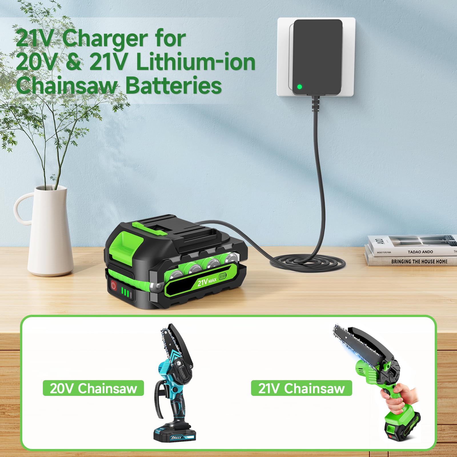 21V 1A Mini-Kettensäge-Akku-Ladegerät für Elektrowerkzeuge | Kompatibel mit Seesi/Aker/Saker/Seyvum/O-Conn/Jujubean/DINSHARE/VTEK 20V/21V Lithium-Batterien, mit LED-Anzeige
