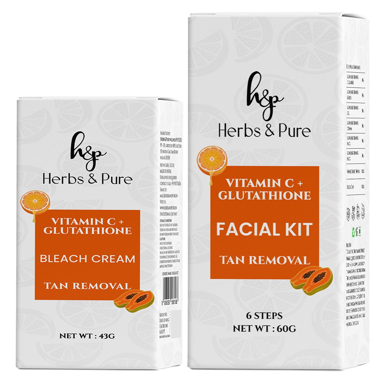 HERBS & PURE Vitamin C & Glutathione Facial Kit for Women and Men, 60g With Bleach Cream 43g, Skin Care Kit With Sheet Mask & Disposable Head Cap, Pack of 2