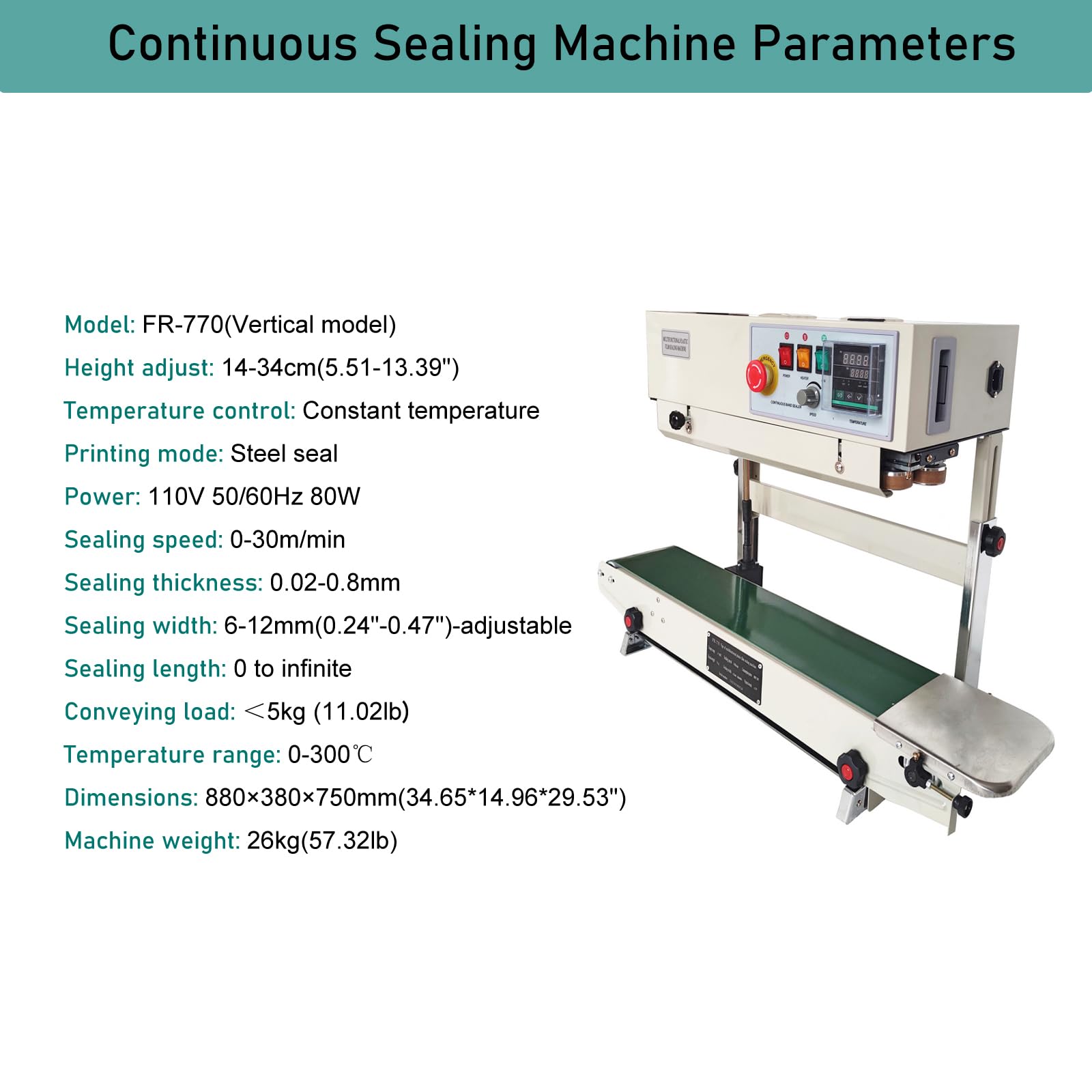 INTSUPERMAI Continuous Sealing Machine Vertical FR770 Auto Sealer Machine Automatic Impulse Bag Sealing Machine with Digital Display 110V